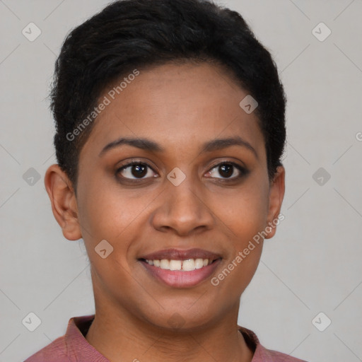 Joyful black young-adult female with short  brown hair and brown eyes