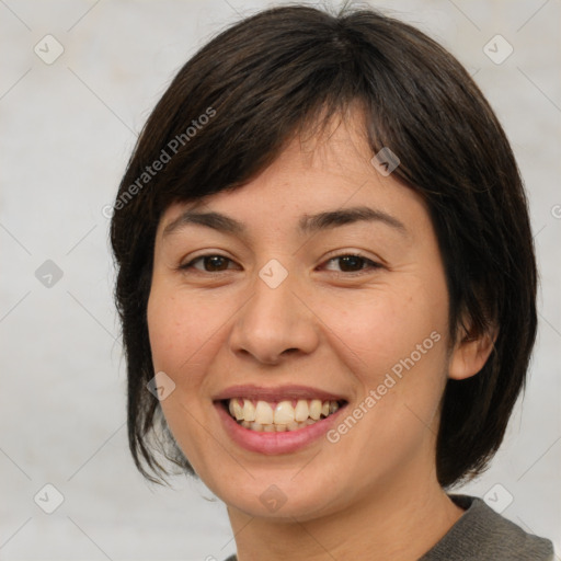 Joyful white young-adult female with medium  brown hair and brown eyes