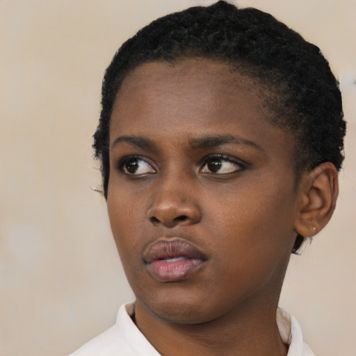 Neutral black young-adult female with short  black hair and brown eyes