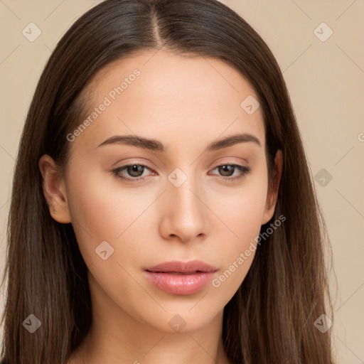 Neutral white young-adult female with long  brown hair and brown eyes