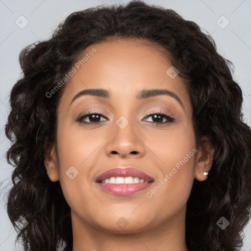 Joyful latino young-adult female with long  brown hair and brown eyes