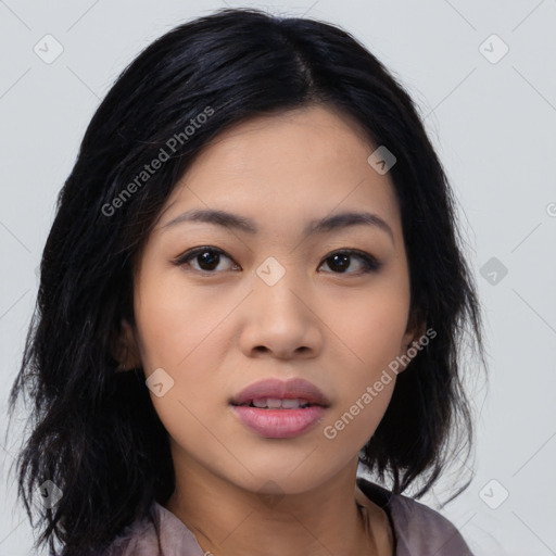 Neutral asian young-adult female with medium  black hair and brown eyes