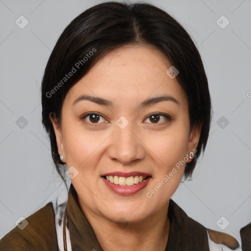 Joyful white young-adult female with medium  brown hair and brown eyes
