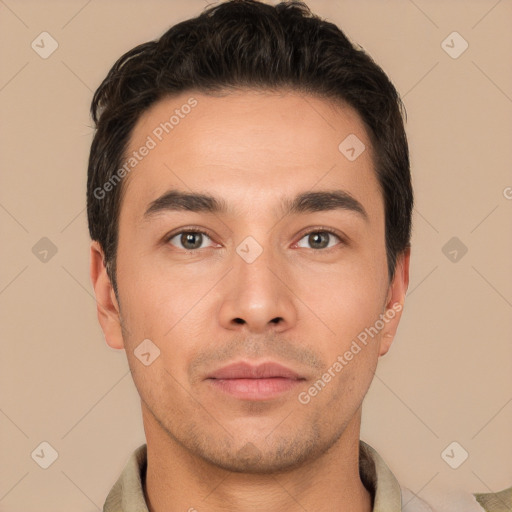 Neutral white young-adult male with short  brown hair and brown eyes