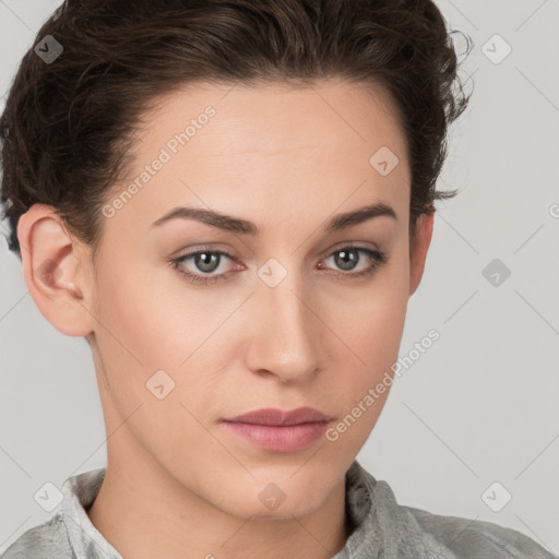 Neutral white young-adult female with short  brown hair and brown eyes