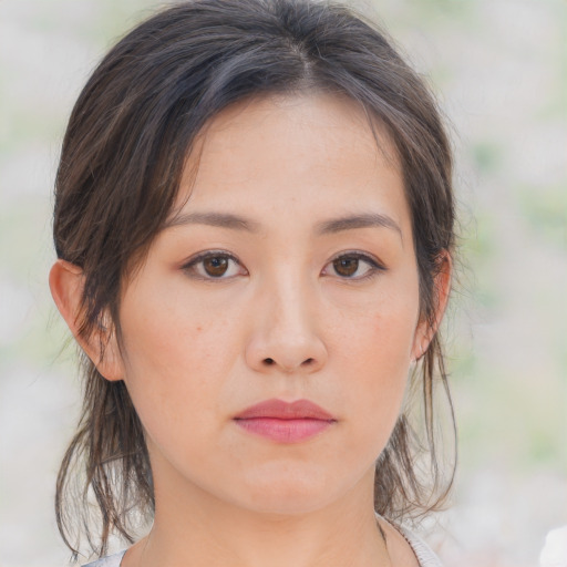 Neutral asian young-adult female with medium  brown hair and brown eyes