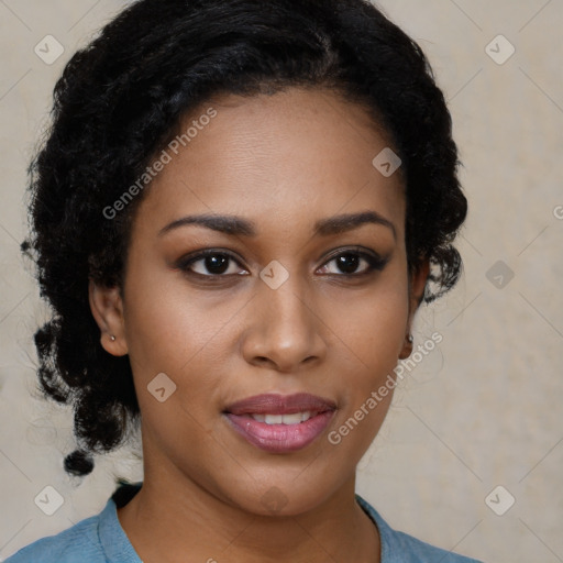 Joyful black young-adult female with medium  black hair and brown eyes