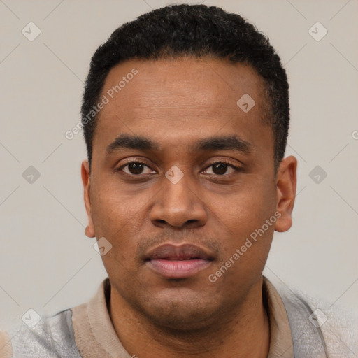 Neutral latino young-adult male with short  black hair and brown eyes