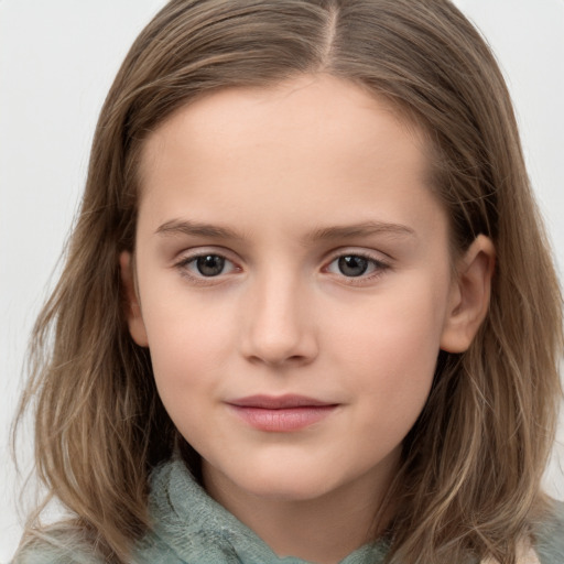 Neutral white child female with long  brown hair and grey eyes