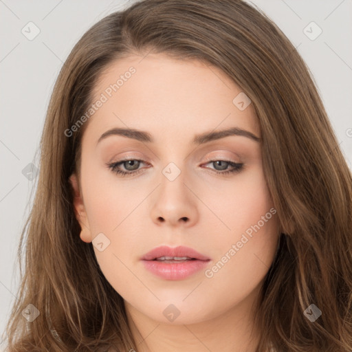 Neutral white young-adult female with long  brown hair and brown eyes