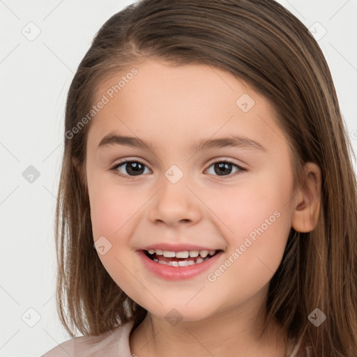 Joyful white child female with medium  brown hair and brown eyes