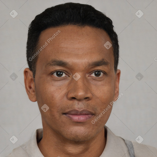 Neutral black young-adult male with short  black hair and brown eyes