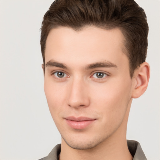 Neutral white young-adult male with short  brown hair and brown eyes