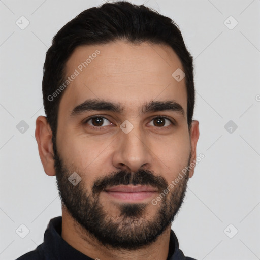 Joyful latino young-adult male with short  black hair and brown eyes