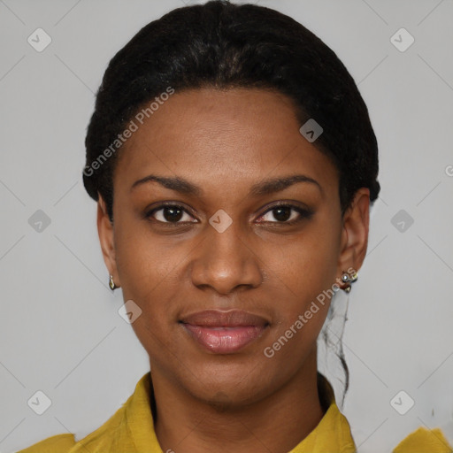 Joyful black young-adult female with short  black hair and brown eyes