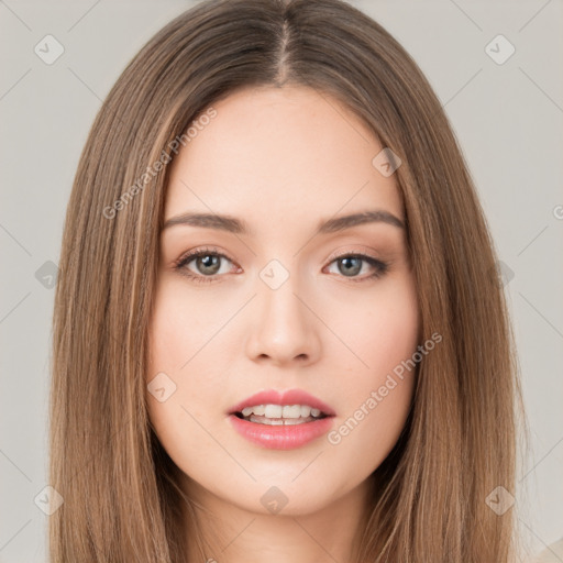 Neutral white young-adult female with long  brown hair and brown eyes