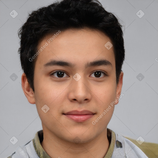 Joyful latino young-adult male with short  brown hair and brown eyes