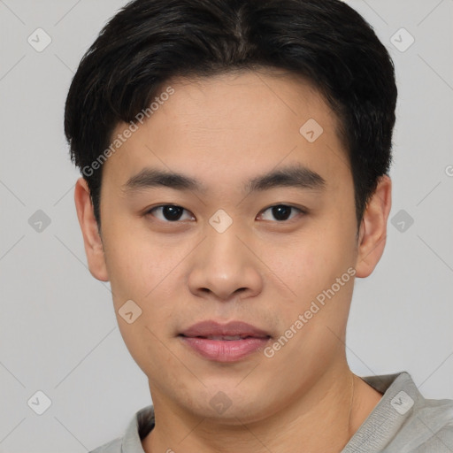Neutral asian young-adult male with short  black hair and brown eyes