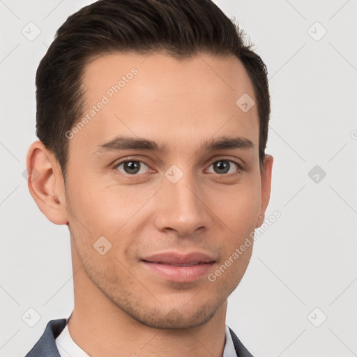 Joyful white young-adult male with short  brown hair and brown eyes