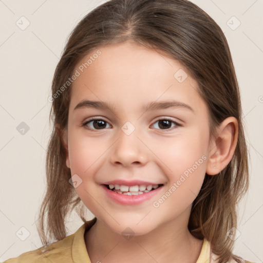 Joyful white child female with medium  brown hair and brown eyes