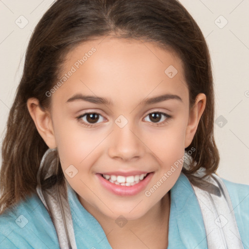 Joyful white child female with medium  brown hair and brown eyes