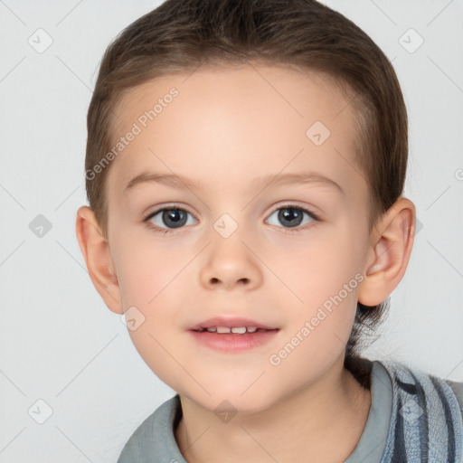 Joyful white child female with short  brown hair and brown eyes