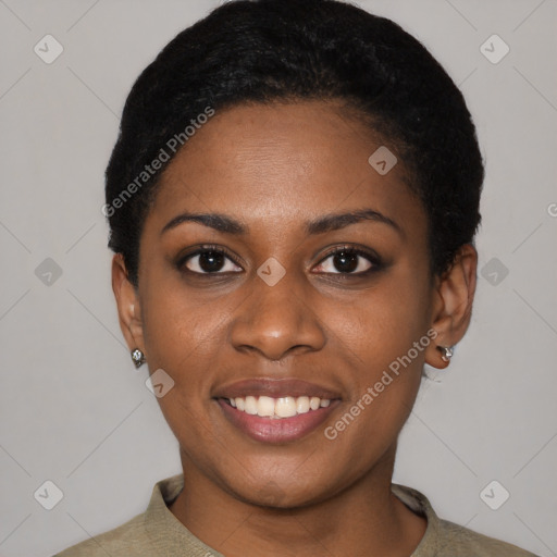 Joyful black young-adult female with short  black hair and brown eyes