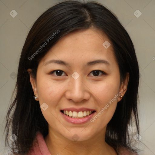 Joyful white young-adult female with medium  brown hair and brown eyes