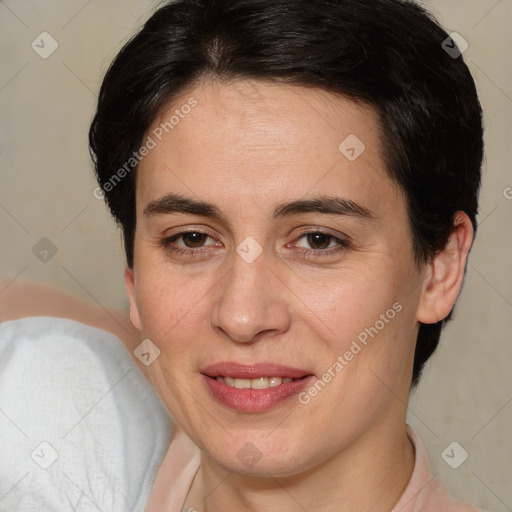 Joyful white adult female with medium  brown hair and brown eyes
