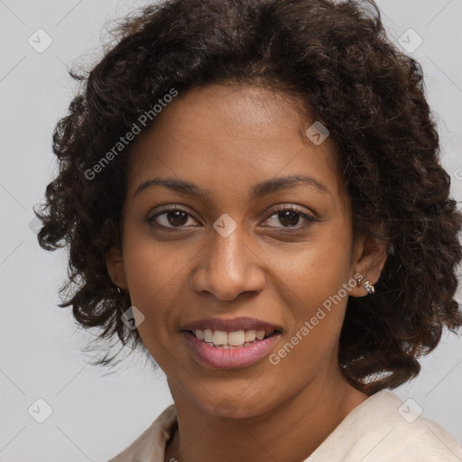 Joyful black young-adult female with medium  brown hair and brown eyes