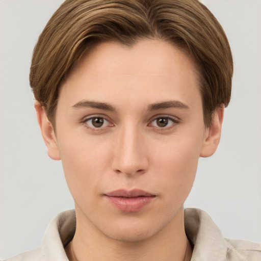 Neutral white young-adult female with short  brown hair and brown eyes