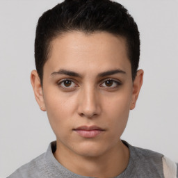 Neutral white young-adult female with short  black hair and brown eyes