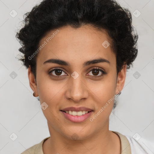 Joyful latino young-adult female with short  brown hair and brown eyes