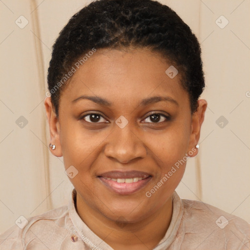 Joyful black young-adult female with short  brown hair and brown eyes