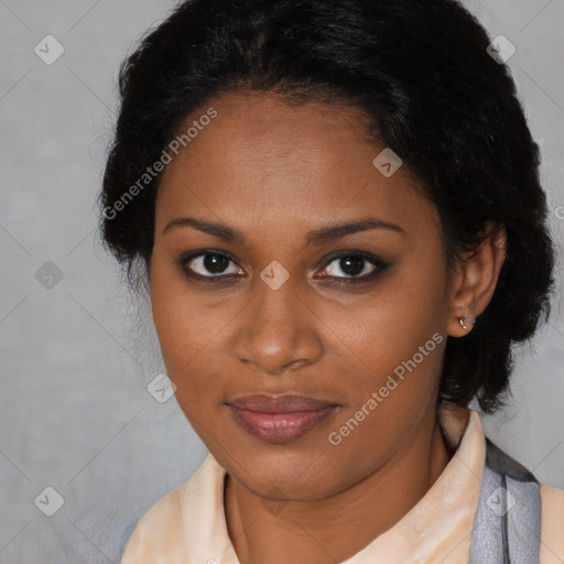 Joyful black young-adult female with medium  brown hair and brown eyes