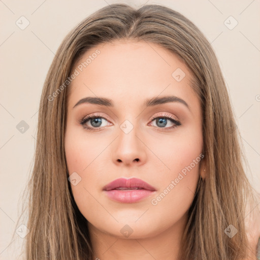 Neutral white young-adult female with long  brown hair and brown eyes