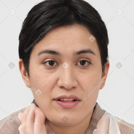 Joyful white young-adult female with short  brown hair and brown eyes