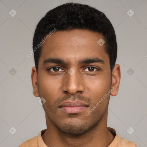 Neutral latino young-adult male with short  black hair and brown eyes