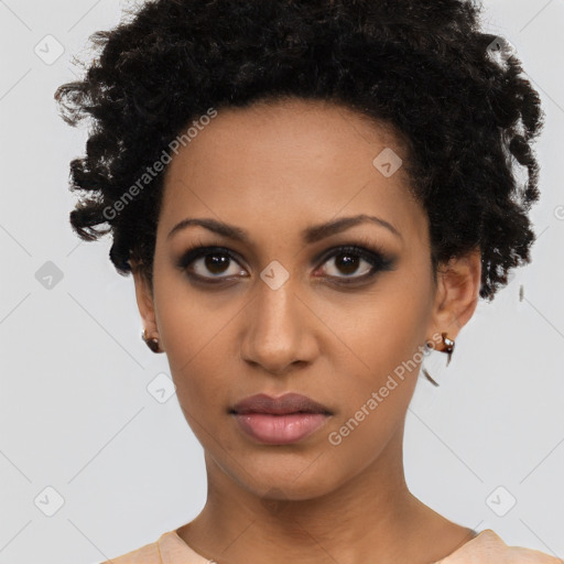 Neutral black young-adult female with short  black hair and brown eyes