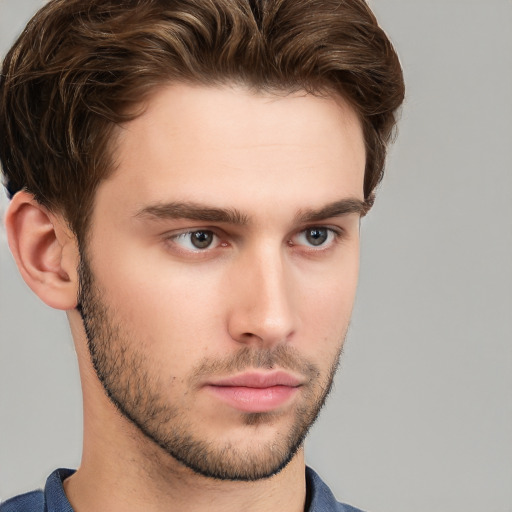 Neutral white young-adult male with short  brown hair and grey eyes