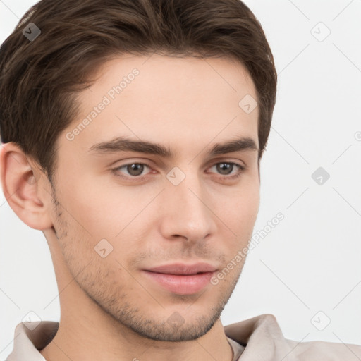 Neutral white young-adult male with short  brown hair and brown eyes