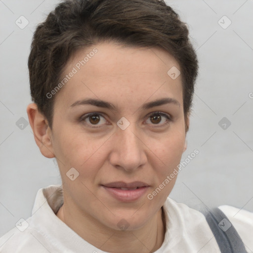 Joyful white young-adult female with short  brown hair and brown eyes