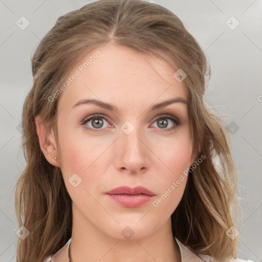 Neutral white young-adult female with medium  brown hair and grey eyes