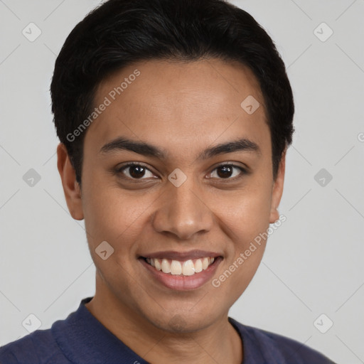 Joyful latino young-adult female with short  black hair and brown eyes