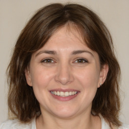 Joyful white adult female with medium  brown hair and brown eyes