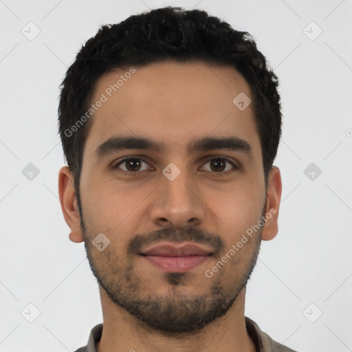 Neutral latino young-adult male with short  black hair and brown eyes