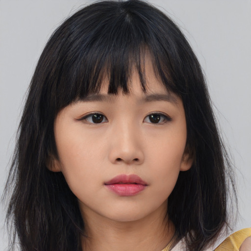 Neutral asian young-adult female with long  brown hair and brown eyes