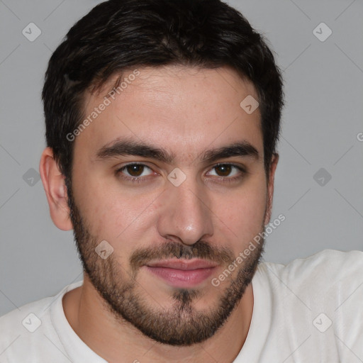 Joyful white young-adult male with short  brown hair and brown eyes