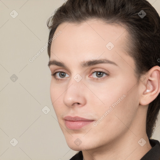 Neutral white young-adult female with short  brown hair and brown eyes