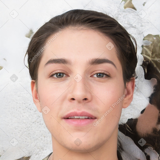 Joyful white young-adult male with medium  brown hair and brown eyes